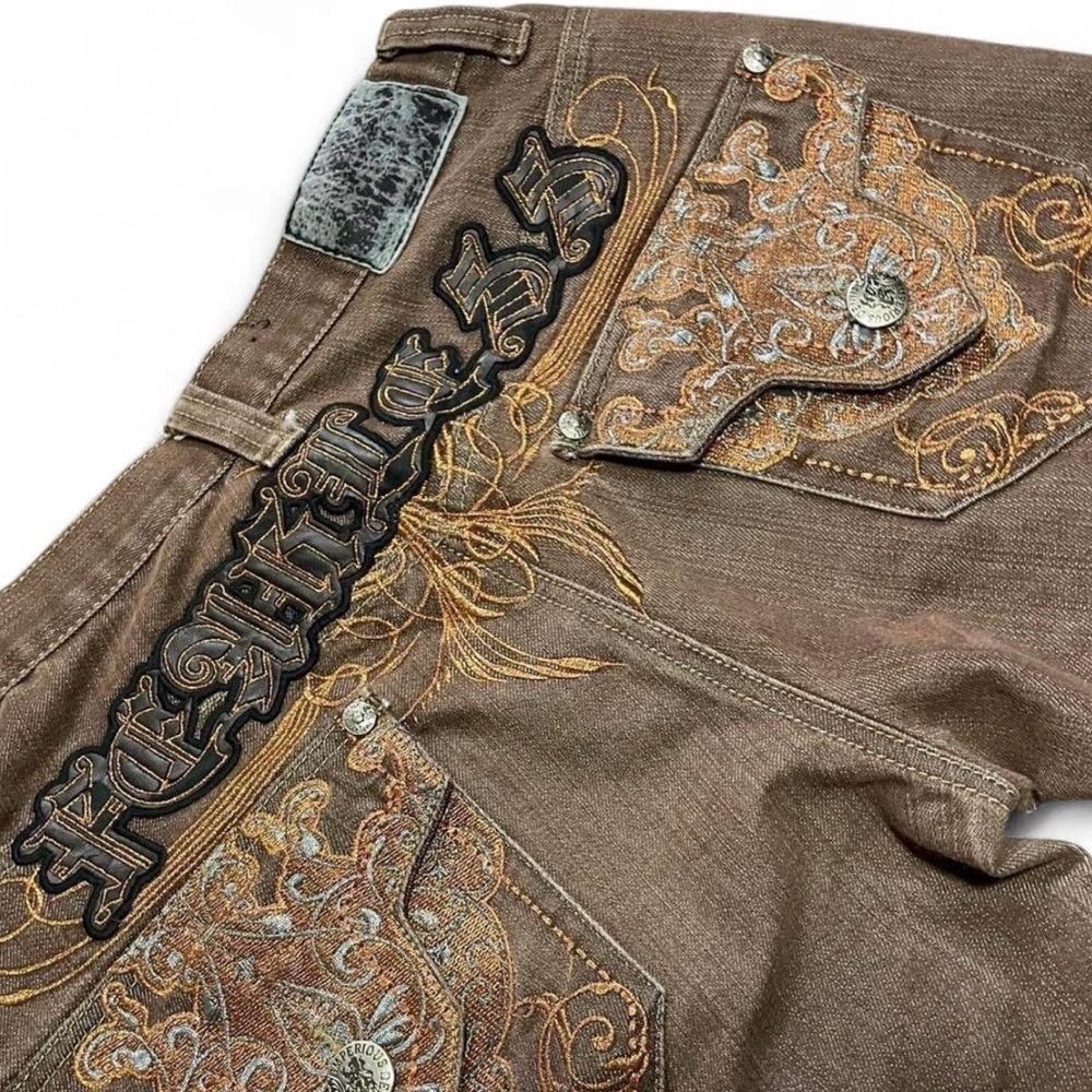 Vintage Imperious Delf Trading Co Fearless Embroidered Baggy Brown Jeans - Picture 3 of 5